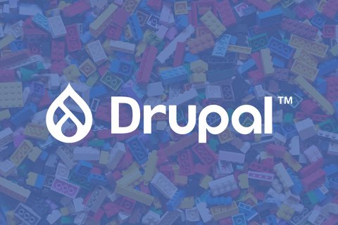 White drupal logo banner on blue background with lego background