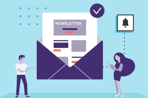 Illustration of an envelope with a newsletter. On the left is a man, on the right a woman.