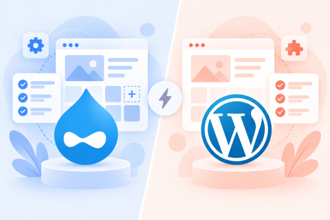 Graphique comparatif entre les logos Drupal (bleu) et WordPress (blanc sur fond rouge).