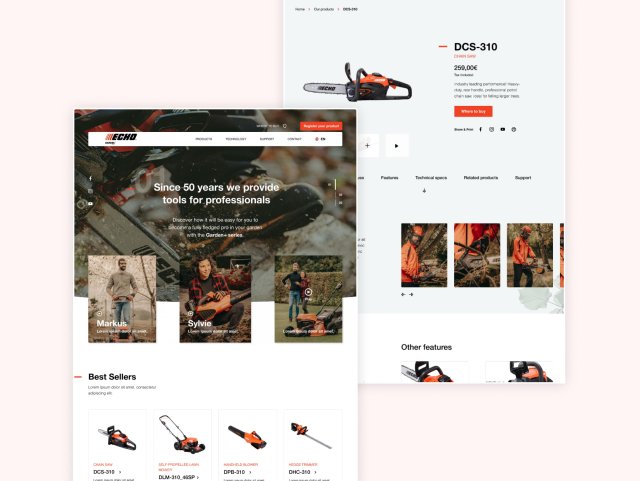 Mockup design de la homepage et la page détail d'un produit Echotools