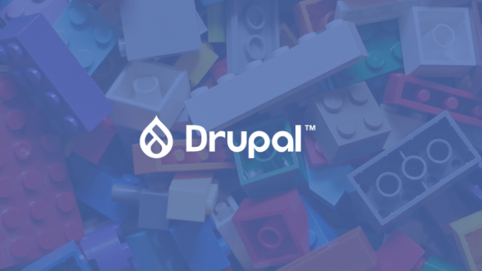 Bannière logo drupal blanc sur fond bleu avec arrière plan lego 