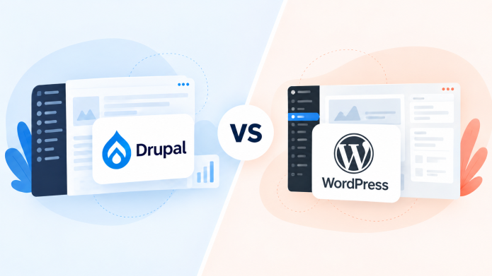Graphique comparatif entre les logos Drupal et WordPress sur fond bleu et blanc.