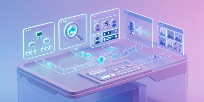 Illustration 3D d'une tablette avec des interfaces holographiques flottantes en bleu et violet.