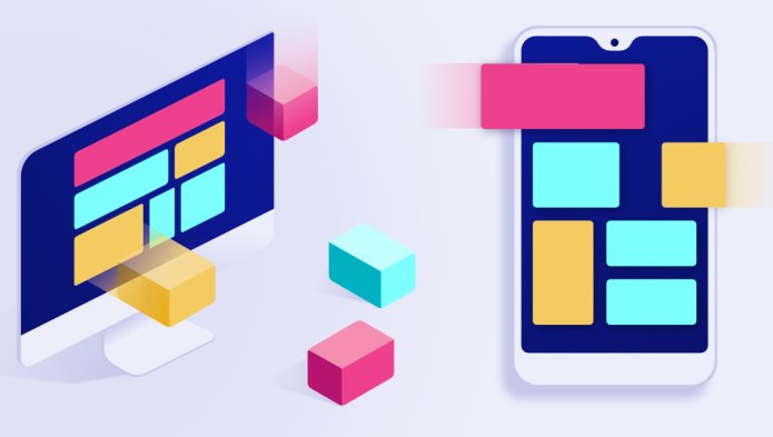 Illustration de formes 3D colorées sortantes d'un écran d'ordinateur et d'un téléphone