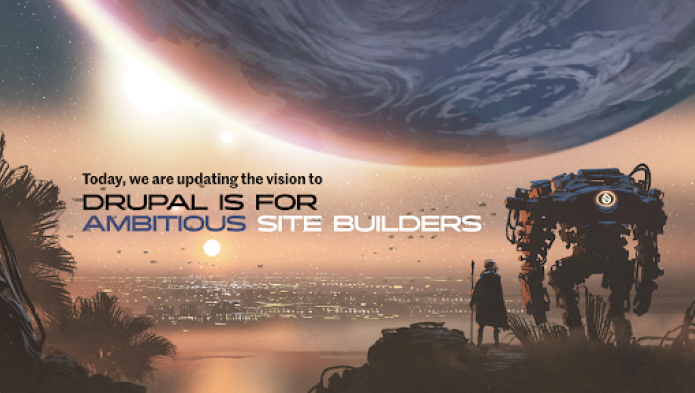 Photo-montage d'une planète terre juste au-dessus d'une ville au loin, l'horizon remplie de poussière. On voit un couché de soleil. Il y a une personne et un robot au 1er plan.