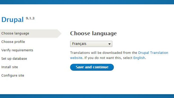 Interface d'installation de drupal, choix de la langue
