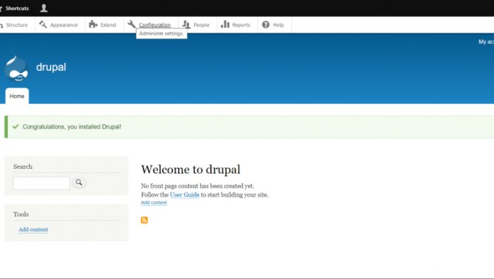 Capture d'écran de la page de bienvenue d'un site drupal qui vient d'être installé
