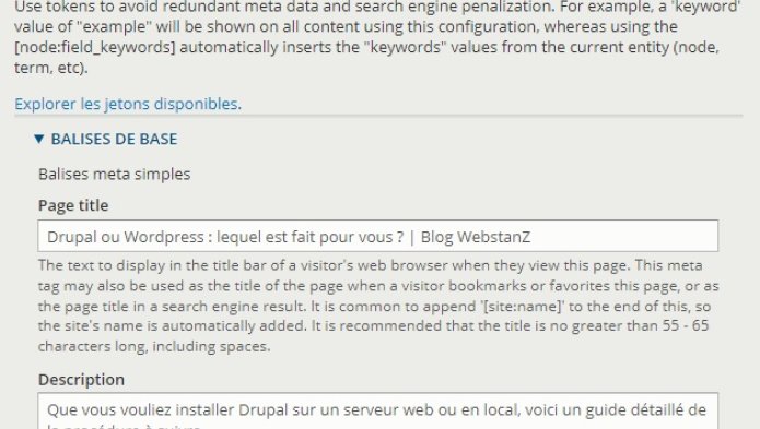 Capture d'écran de l'interface metatag de drupal