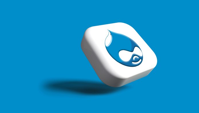 Logo Drupal en 3D blanc avec icône bleue, sur fond bleu vif.