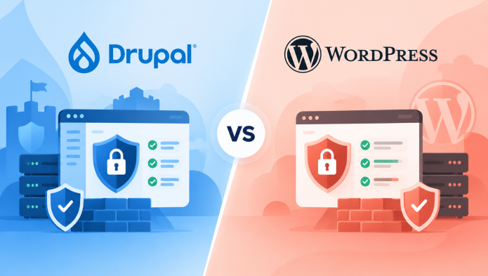 Graphique comparatif de la sécurité entre Drupal et WordPress, avec logos et icônes de protection.