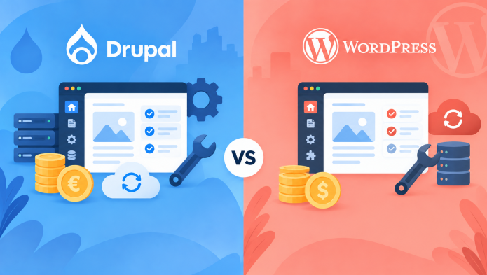 Graphique comparatif entre Drupal et WordPress, avec logos et icônes symbolisant leurs fonctionnalités.