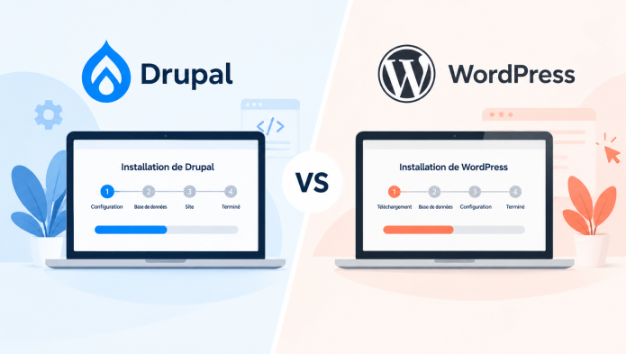 Graphique comparatif entre Drupal et WordPress, avec deux ordinateurs portables affichant leurs interfaces.