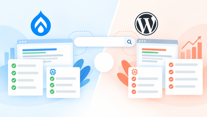 Comparaison graphique entre les logos Drupal et WordPress avec des interfaces et statistiques.