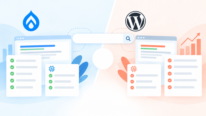 Comparaison graphique entre les logos Drupal et WordPress avec des listes de fonctionnalités.