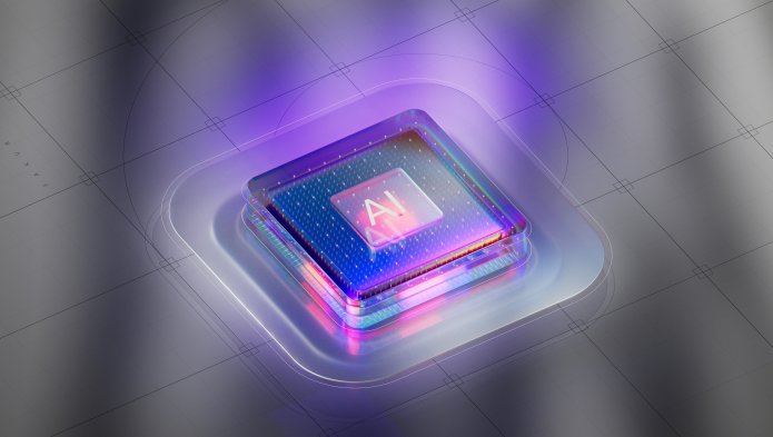 Puce microprocesseur avec lumière violette et inscription "AI", illustration 3D futuriste.
