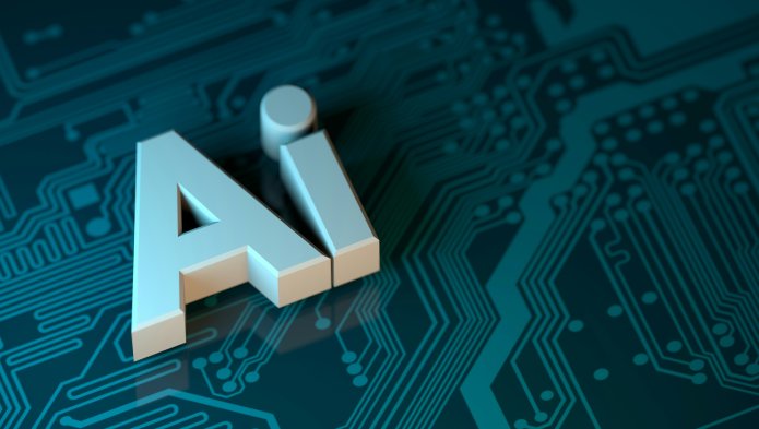Lettres "AI" en 3D sur un circuit imprimé vert, symbolisant l'intelligence artificielle.