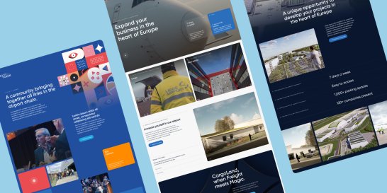Trois maquettes de sites web sur fond bleu clair, avec des thèmes d'aviation et de technologie.