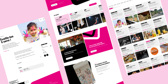 Maquettes de pages web aux couleurs rose vif et blanc, avec photos et contenus variés.