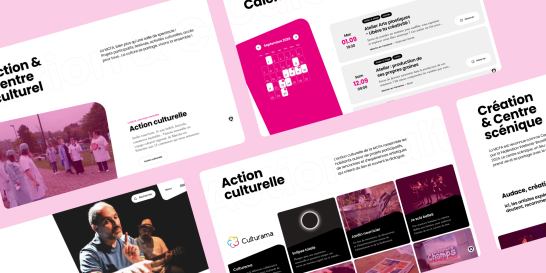 Présentation de diapositives colorées sur la création et l'action culturelle, tons rose et blanc.