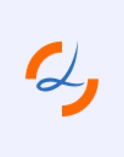 Logo stylisé avec une lettre bleue et des éléments orange en arc de cercle.