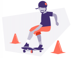 un homme sur un skateboard slalome entre des cônes de signalisation