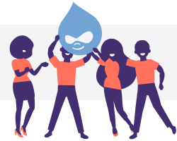 Un groupe d'hommes et de femmes portant un ballon à l'effigie de Drupal
