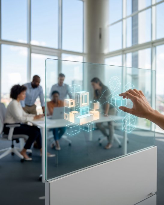 Main touchant un écran transparent holographique dans un bureau moderne avec collègues en réunion.