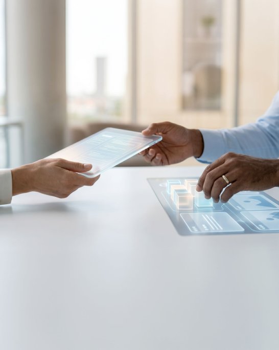 Deux personnes échangeant un document au-dessus d'une tablette tactile sur un bureau blanc.